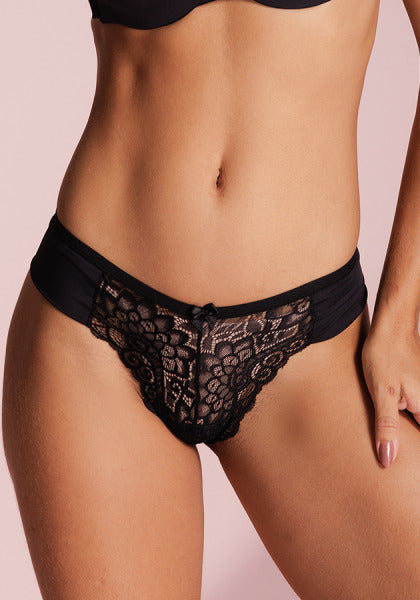 Calcinha Fio Dental com Laterais Largas em Microfibra e Renda Belle Femme